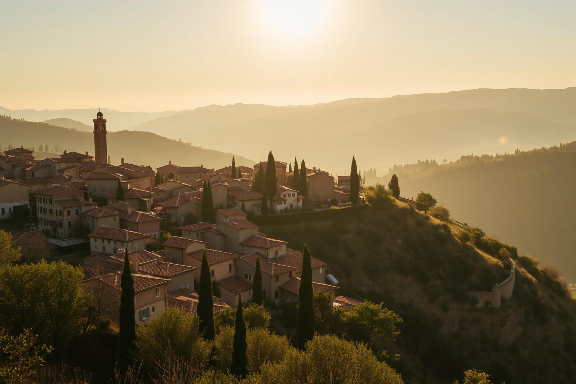 Sunlit Italian hillside village